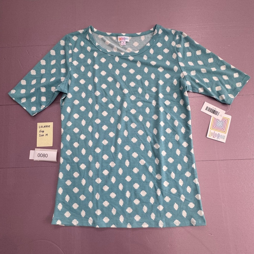 LuLaRoe Gigi Teal White Ditsy Dot Print Tunic‎ Top Shirt Size M